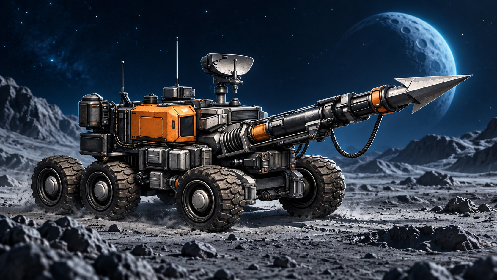 M4M Asteroids Rain — lunar rover beneath a cratered moon